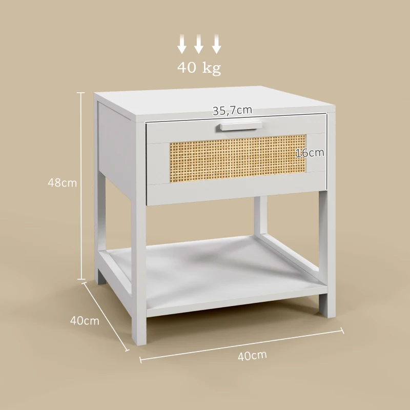 HOMCOM Nachttisch Beistelltisch mit Schublade und Regal, Rattan-Front, 40B x 40T x 48H cm weiß