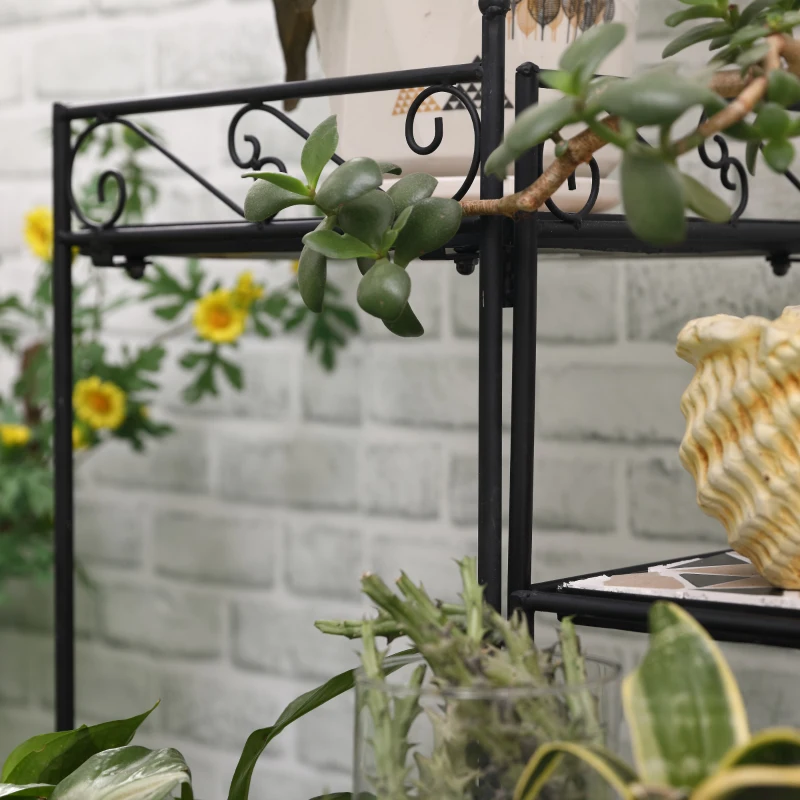 Outsunny Support à fleurs Escalier de plantes pliant décoratif pour intérieur et extérieur jardin balcon Métal Carreaux de céramique Noir+Beige 64 x 64 x 72 cm