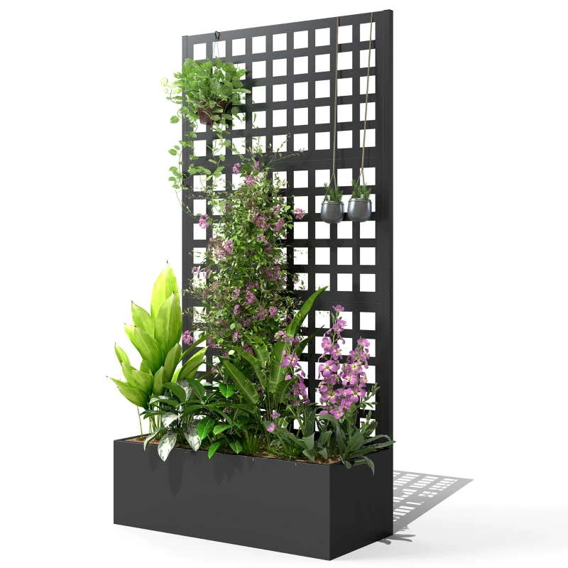 Outsunny Jardinera con enrejado, pantalla de privacidad, lecho elevado de jardín de acero galvanizado, para plantas trepadoras, 89x40x178cm, negro