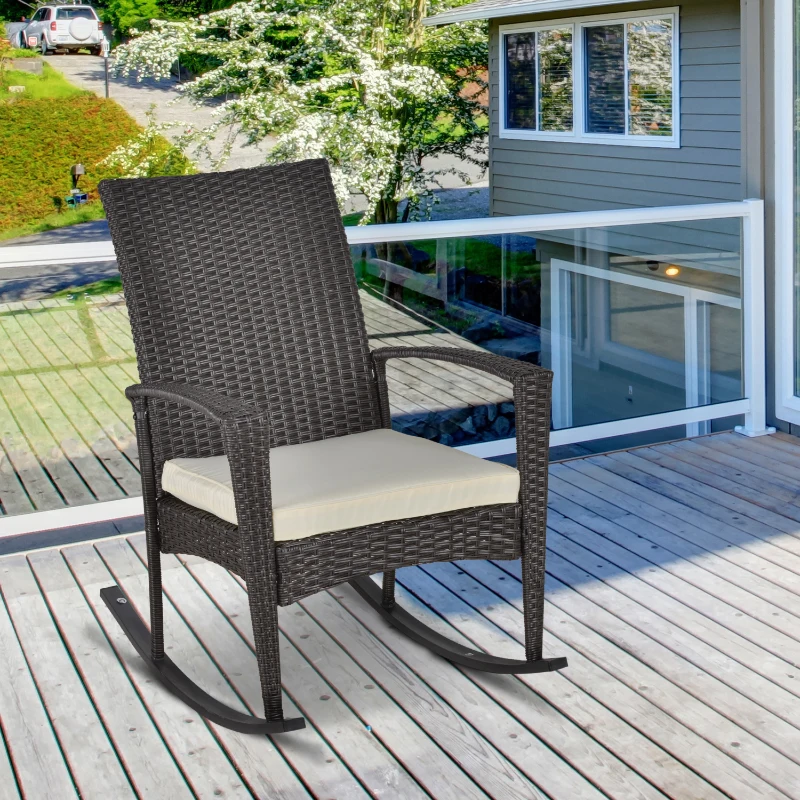 Outsunny Poltrona a Dondolo con Cuscino d'Assise Sfoderabile, Effetto Rattan, in Resina Intrecciata, 66x88x98 cm, Marrone
