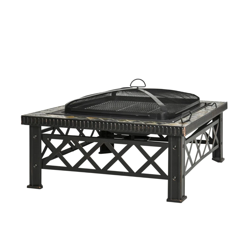 Outsunny 3-en-1 Foyer Mangeoire Brasero avec Grille Pare-étincelles Seau à Glace Jardin BBQ Noir 76cm x 76cm x 47cm