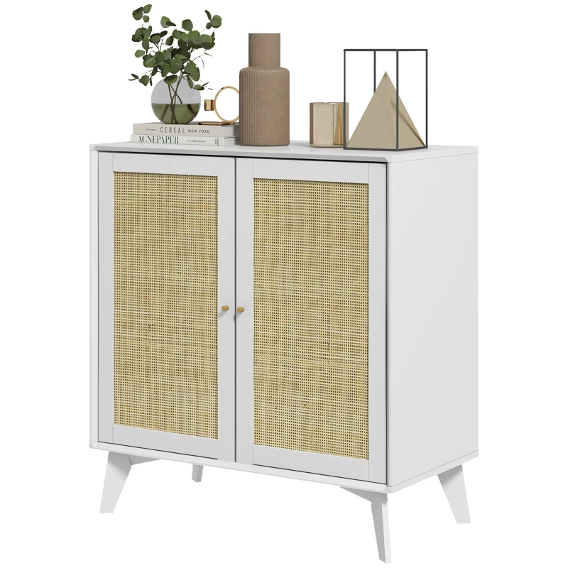 HOMCOM Buffet alto mobile da archiviazione design bohémien doppie porte con 2 livelli, facciata in rattan 80 x 40 x 85 cm bianco