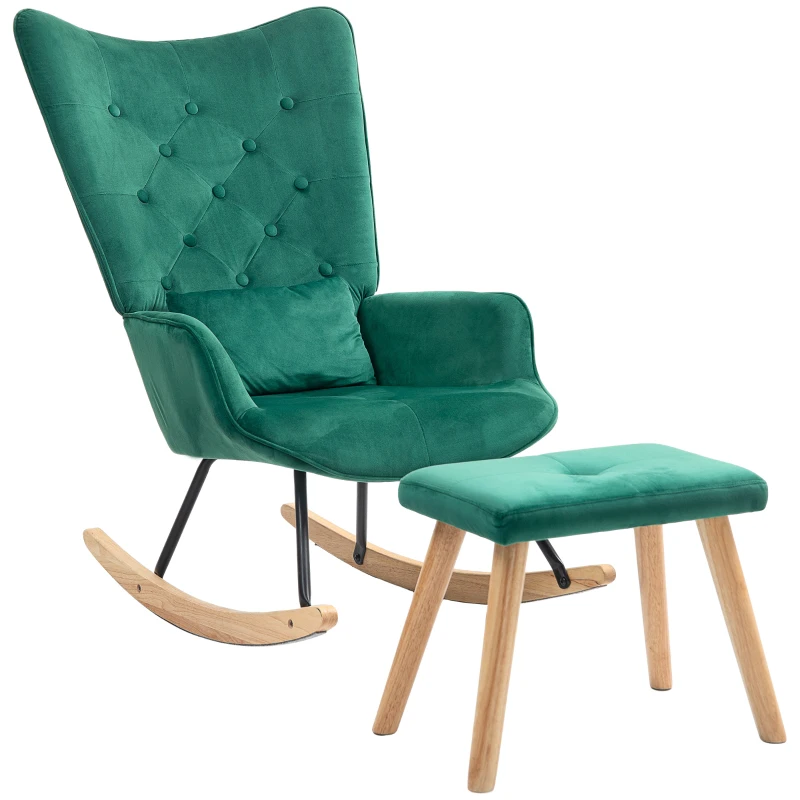 HOMCOM Sillón Mecedora con Otomano acolchado alto respaldo Terciopelo hasta 150 kg Verde