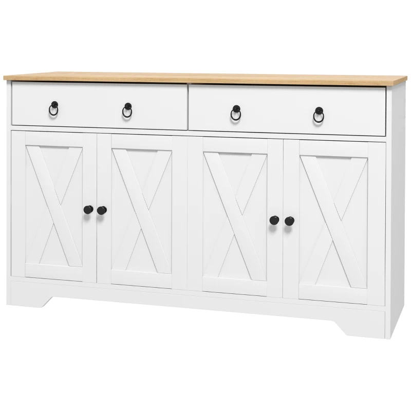 HOMCOM Credenza da Cucina o Salotto in Stile Rurale con 2 Cassetti, 2 Armadi, Ripiani a Diverse Altezze, Bianco