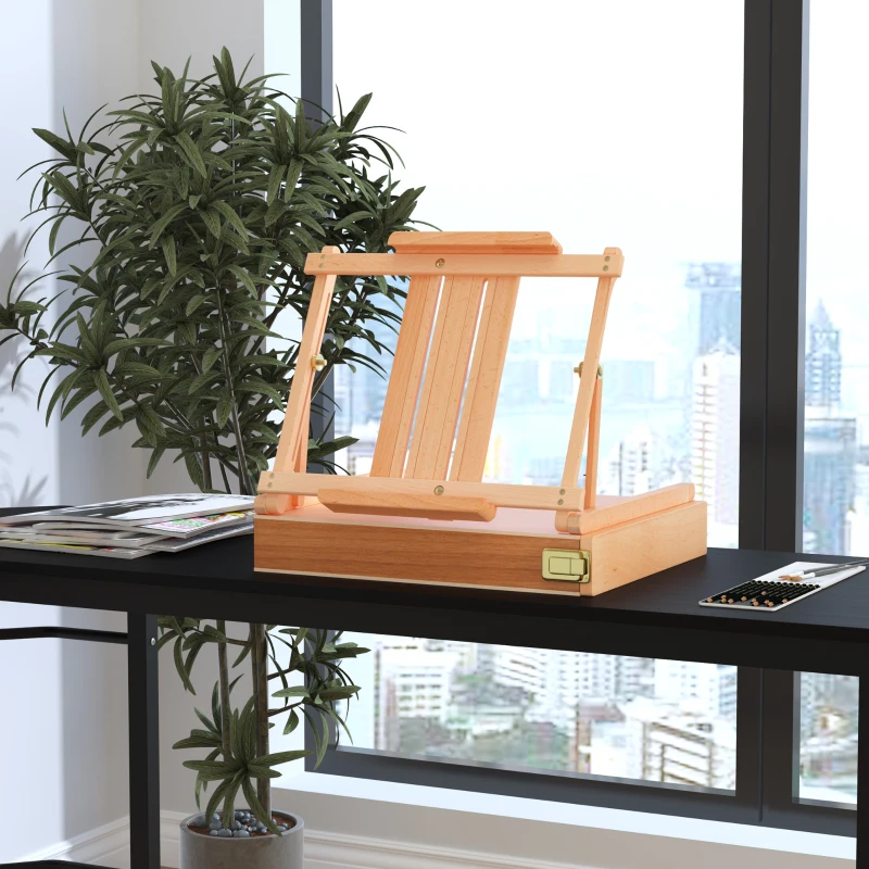 Vinsetto Caballete de Estudio Ajustable Plegable con Cajón Madera de Haya Natural 42x36x12,5 cm