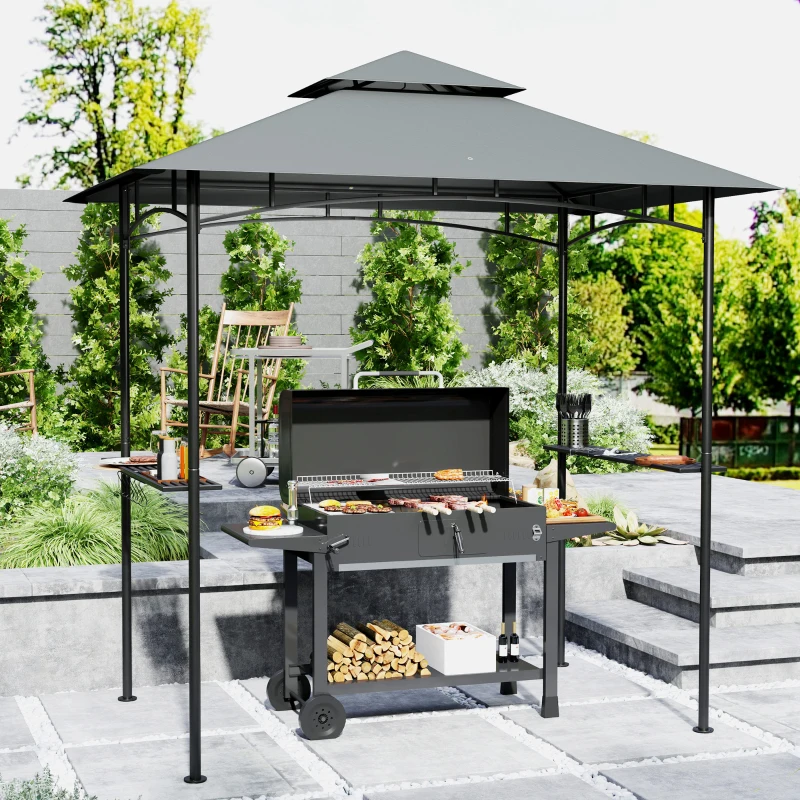 Outsunny Gazebo per Barbecue con LED 240 x 150 x 258 cm, Resistente all'Acqua e al Fuoco, Gazebo da Giardino con Tetto a Doppio Strato, Grigio Scuro