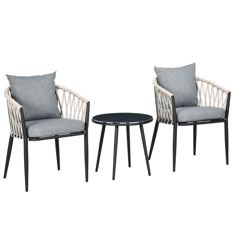 Outsunny Set da Giardino 2 Persone da 3 Pezzi, 2 Poltrone con Cuscini, Tavolino Rotondo con Piano in Vetro Temperato, Corda Intrecciata, Grigio