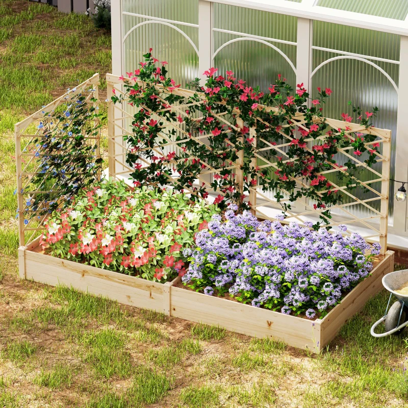 Outsunny Jardinera con 3 enrejados modulable, maceta de flores de madera para balcón terraza patio, 222x114x109 cm, Madera Natural