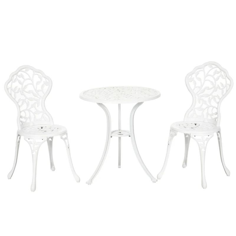 Outsunny Gartenmöbelset 3-teilig aus weißem Aluminium, 2 Außenstühlen 45x42x85,5 cm und rundem Tisch Ø61x66,5 cm