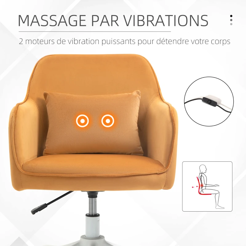 Vinsetto Silla de oficina terciopelo silla de oficina con masaje cojín lumbar integrado altura ajustable giratoria 360° Amarillo