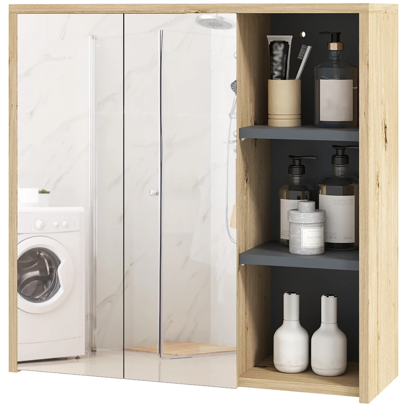 HOMCOM Armadietto per il Bagno con Specchio, Armadietto Toilette a Muro, 3 Mensole Aperte, 60 x 20 x 60 cm, Legno Naturale