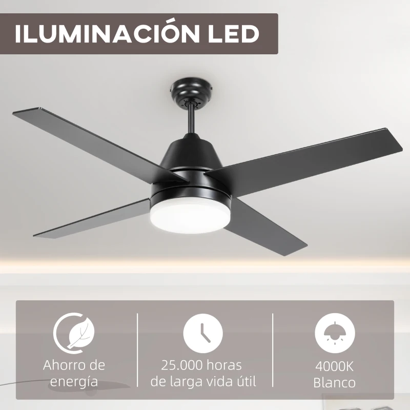 HOMCOM Ventilador de Techo con Luz 46W Ø129 cm Motor DC con 4 Aspas Reversibles Mando a Distancia y Temporizador Negro