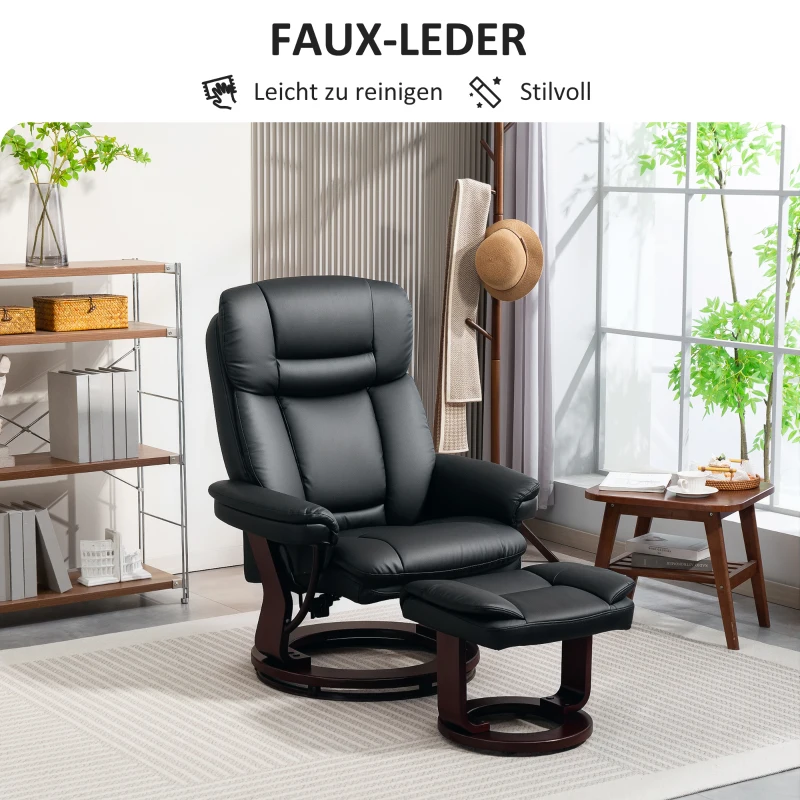 HOMCOM Relaxsessel mit Fußhocker, Verstellbarer Sessel, Kunstleder-Bezug, Polstersessel mit klappbarer Rückenlehne, Schwarz(m-7)