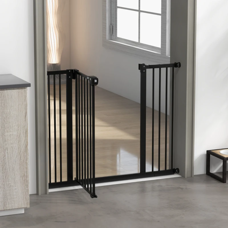 PawHut Puerta para Perros con 2 Extensiones Ancho Ajustable hasta 100 cm y Cierre Automático, Negro