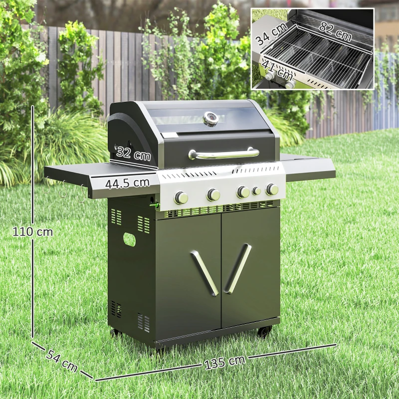 Outsunny 4+1 Burner Gas BBQ Grill with Clear View Lid, Portable Gas Barbecue Grill with Built-in Thermometer, Side Table, Cabinet, Wheels, Grease Tray for Garden Party Outdoor Cooking, Black