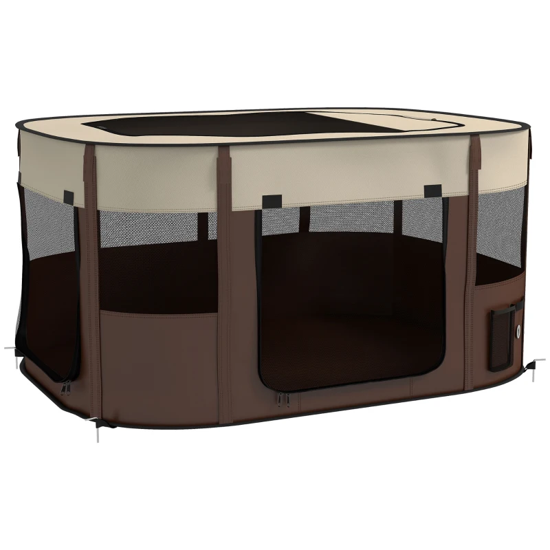 PawHut Parque plegable para mascotas parque para cachorros en tela Oxford con ventanas y puertas bolsa de almacenamiento marrón