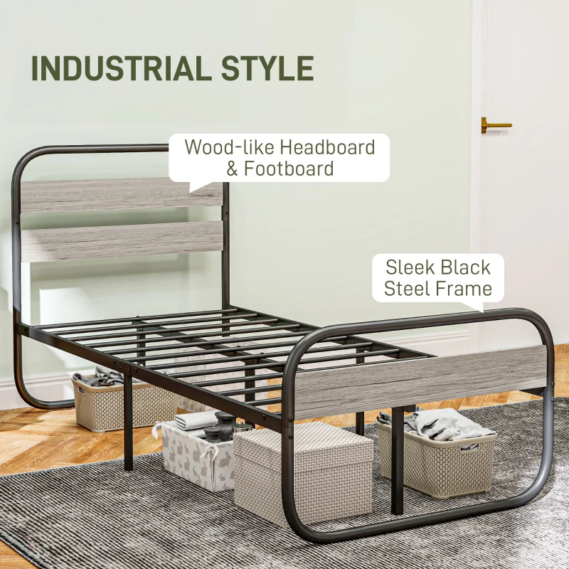 HOMCOM 3ft Single Bed Frame, Industrial Style Metal Platform Bed Frame with Under Bed Storage, No Box Spring Needed, Easy Assembly, Grey(m-4)