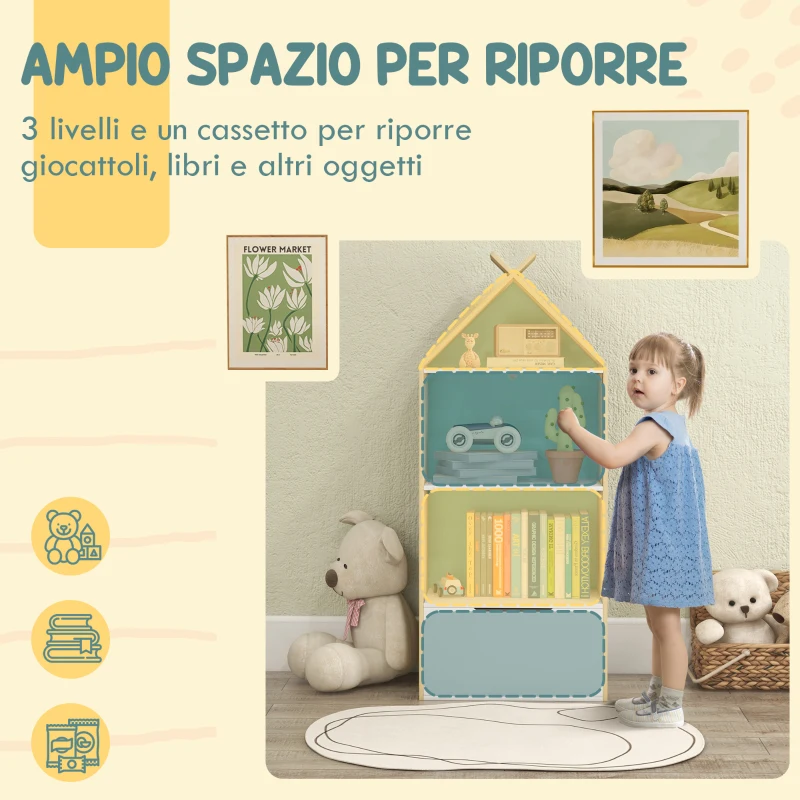 AIYAPLAY Libreria per Bambini a 3 Ripiani con Cassetto e Dispositivo Antiribaltamento, 50x30x119.5cm, Verde