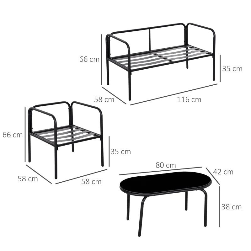 Outsunny Salón de jardín 4 piezas con sofá 2 plazas, 2 sillones y mesa de Café - tablero de vidrio templado 3 cojines