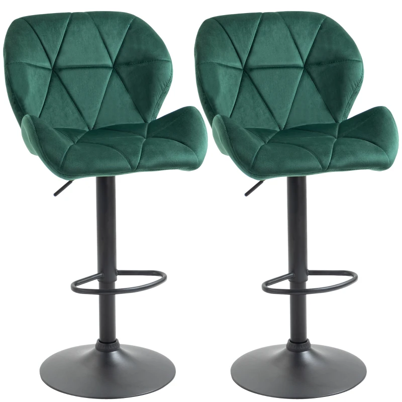 HOMCOM Set 2 Barhocker, Höhenverstellbar mit Metallbasis und Samt-Sitzfläche, Moderne Hocker mit Rückenlehne und Fußstütze, 46x48x83-104cm, Grün