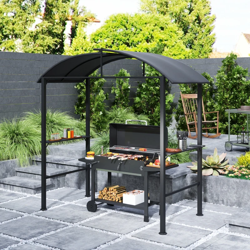 Outsunny Pavillon de barbecue, 2 tablettes latérales, Crochets, Cadre en acier, 1,1 x 2,3m, Gris foncé