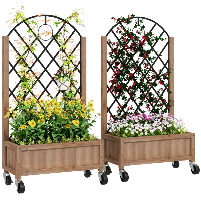 Outsunny Set da 2 Letti Rialzati con Ruote, Griglia di Supporto, Fioriera a Traliccio in Legno 152x25x97cm Marrone