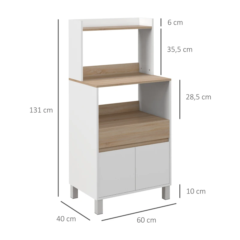 HOMCOM Mueble carrito de cocina para microondas con armario cajón estante superior 60x40x131 cm natural y Blanco