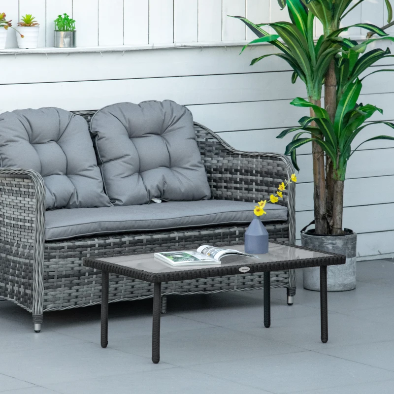 Outsunny Mesa de Centro de Jardín con Tapa de Vidrio Templado de 5 mm Resina Trenzada Imitación Ratán - Negro