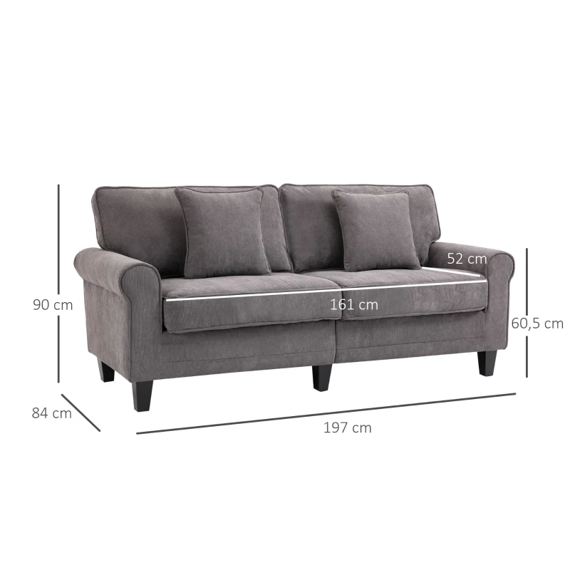 HOMCOM 3-Sitzer-Sofa aus geripptem Samtstoff, Sofa für Wohnzimmer, 197 cm, mit gepolsterten Armlehnen und Rückenlehne, Sofa mit 2 Kissen, massiven Pinienholzbeinen, für Wohnzimmer, Schlafzimmer, Büro, Grau