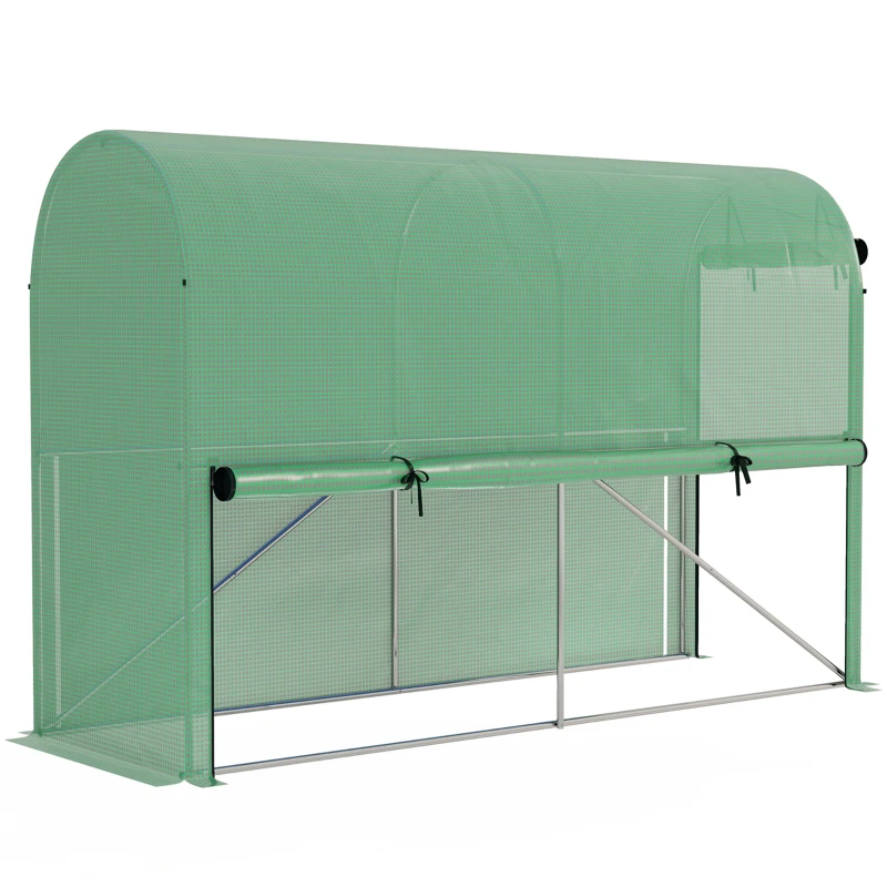 Outsunny Gewächshaus PE, Balkongewächshaus, verstärkte Plane 140 g/m², pulverbeschichteter Stahlrahmen, rollbare Reißverschlusstür, für Gemüse Pflanzen Blumen, Innen und Außen, 300 x 100 x 200 cm, Grün