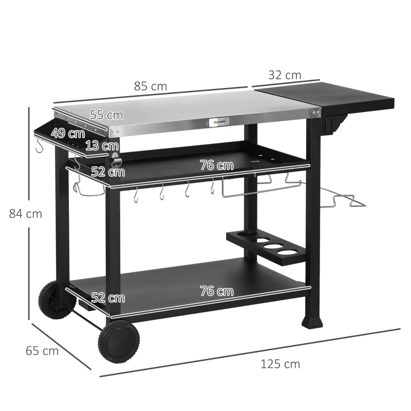 Outsunny Carrito de barbacoa plancha con bandeja de acero inoxidable, multi-equipos, 6 ganchos, mesa plegable, 2 ruedas