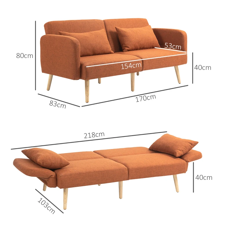 HOMCOM Sofá convertible 3 plazas diseño de sofá cama respaldo reclinable y reposabrazos ajustables tela efecto lino Marrón