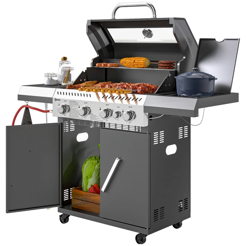 Outsunny 4+1 Burner Gas BBQ Grill with Clear View Lid, Portable Gas Barbecue Grill with Built-in Thermometer, Side Table, Cabinet, Wheels, Grease Tray for Garden Party Outdoor Cooking, Black