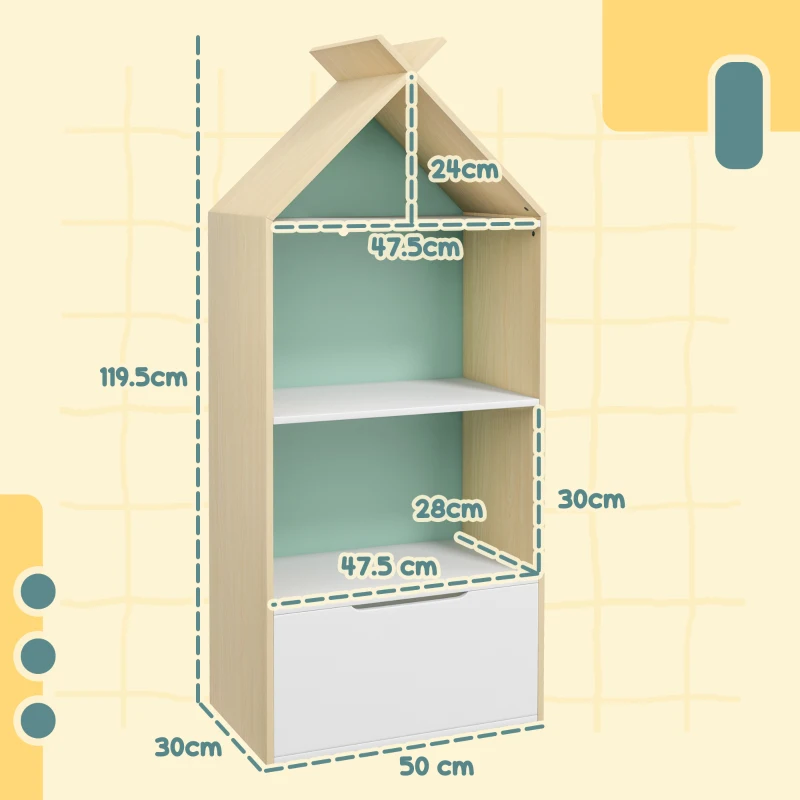 AIYAPLAY Libreria per Bambini a 3 Ripiani con Cassetto e Dispositivo Antiribaltamento, 50x30x119.5cm, Verde