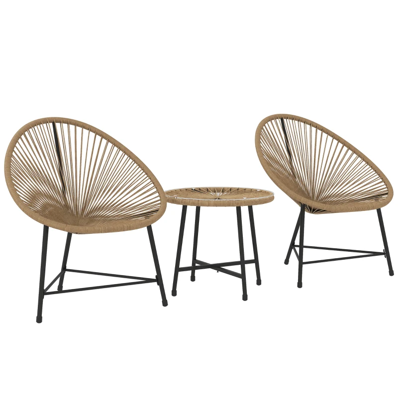 Outsunny Juego de Muebles de Jardín de 3 Piezas, 2 Sillas de Ratán Sintético, 1 Mesa con Tapa de Vidrio, Estructura de Acero, Muebles de Asientos al Aire Libre, Marrón Claro