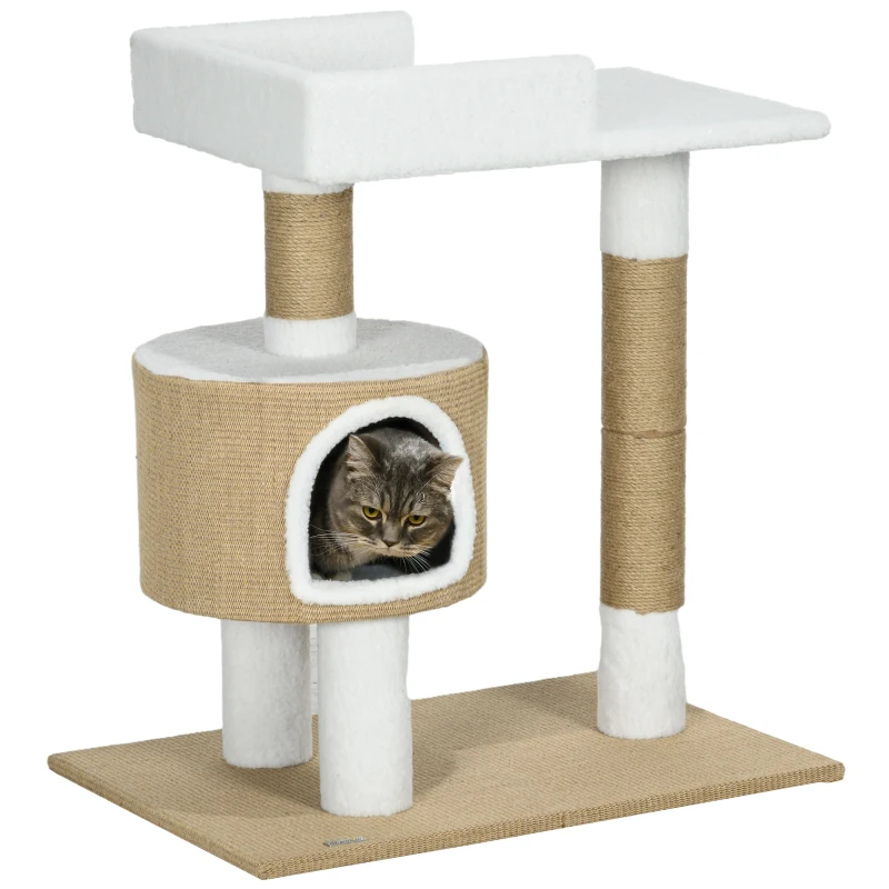 PawHut Arbre à gratter pour chat avec grotte pour chat, 1 grotte pour chat, 1 surface de repos, 70 cm x 49 cm x 79 cm, Marron + Blanc