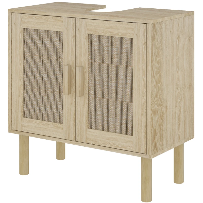 HOMCOM Mobile bagno sottolavabo mobile sottolavabo ante in rattan piedi in legno di pino 2 livelli 60 x 30 x 60 cm quercia