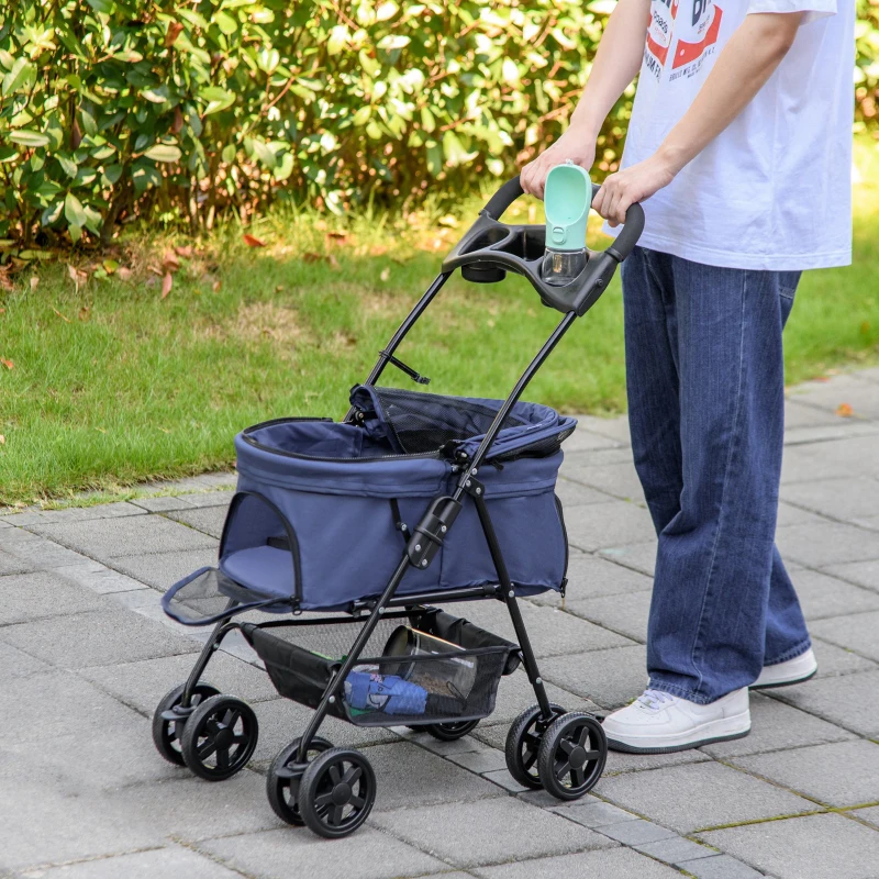 PawHut Faltbarer Haustierkinderwagen Buggy für Hund Katze mit Aufbewahrungskorb und Becherhalter aus wasserdichtem 300D Oxford(4 Räder, Dunkelblau)