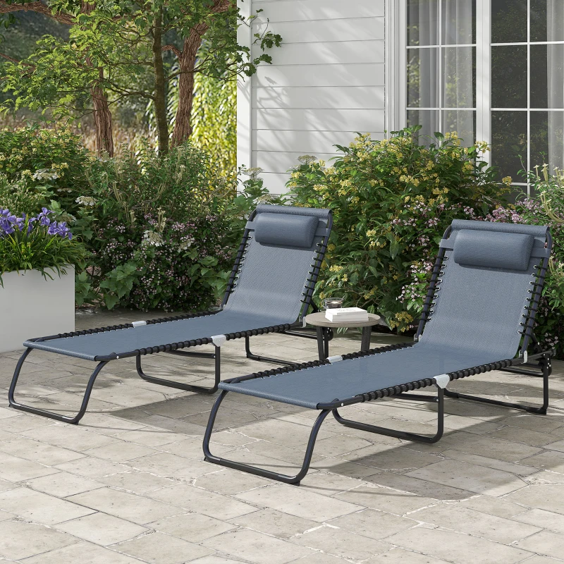 Outsunny Set mit 2 klappbaren Sonnenliegen, verstellbare Rückenlehne in mehreren Positionen, thermoplastischer Stahl, elastische Schnüre, graues Textilene