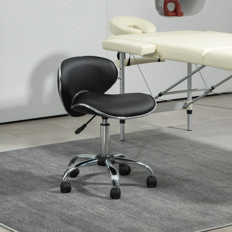 HOMCOM Sgabello a rotelle sgabello da lavoro con altezza regolabile 44-56 cm e schienale, girevole 360°, nero