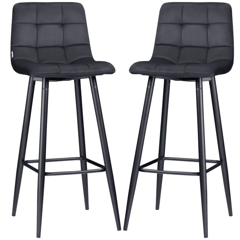 HOMCOM Set di Sgabelli da Bar, Design Scandinavo, Rivestimento in Velluto, Struttura in Metallo, Piedini Antiscivolo, Nero