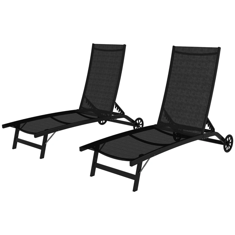 Outsunny Set di 2 Lettini Prendisole in Alluminio e Textilene con Ruote, Schienale Reclinabile, Carico Max. 150 Kg, Nero