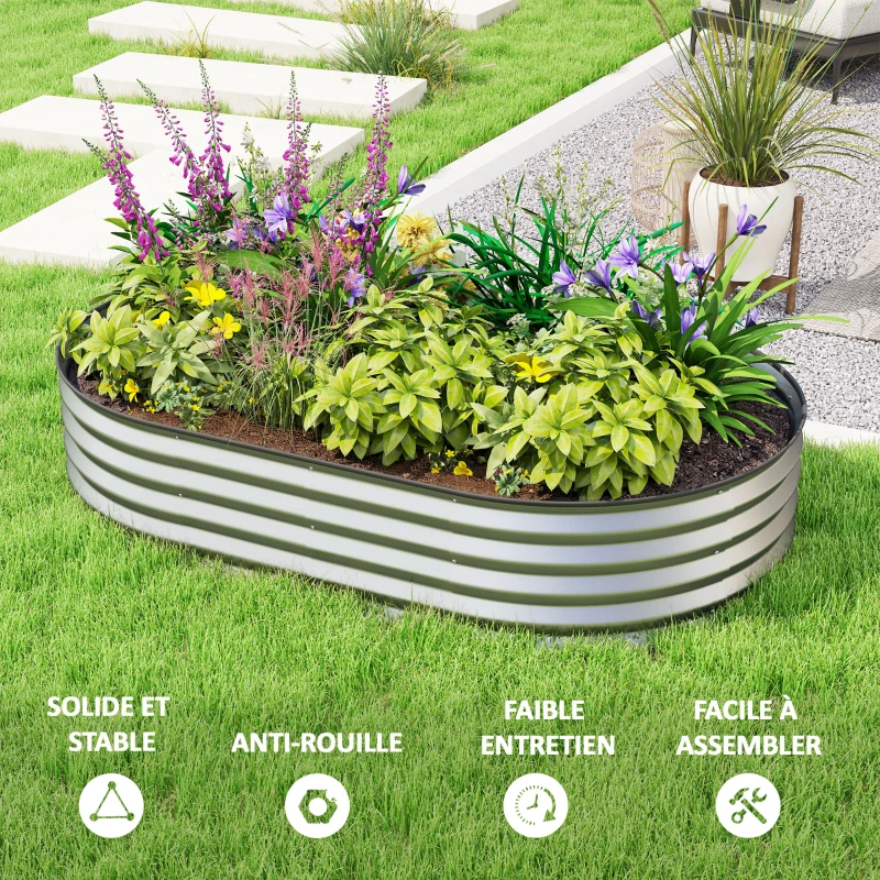 Outsunny Set aus 2 erhöhten, verzinkten Stahl-Pflanzkästen, Gartenbett-Kit, Gummiumrandung, 152 x 91 x 30 cm, Silber