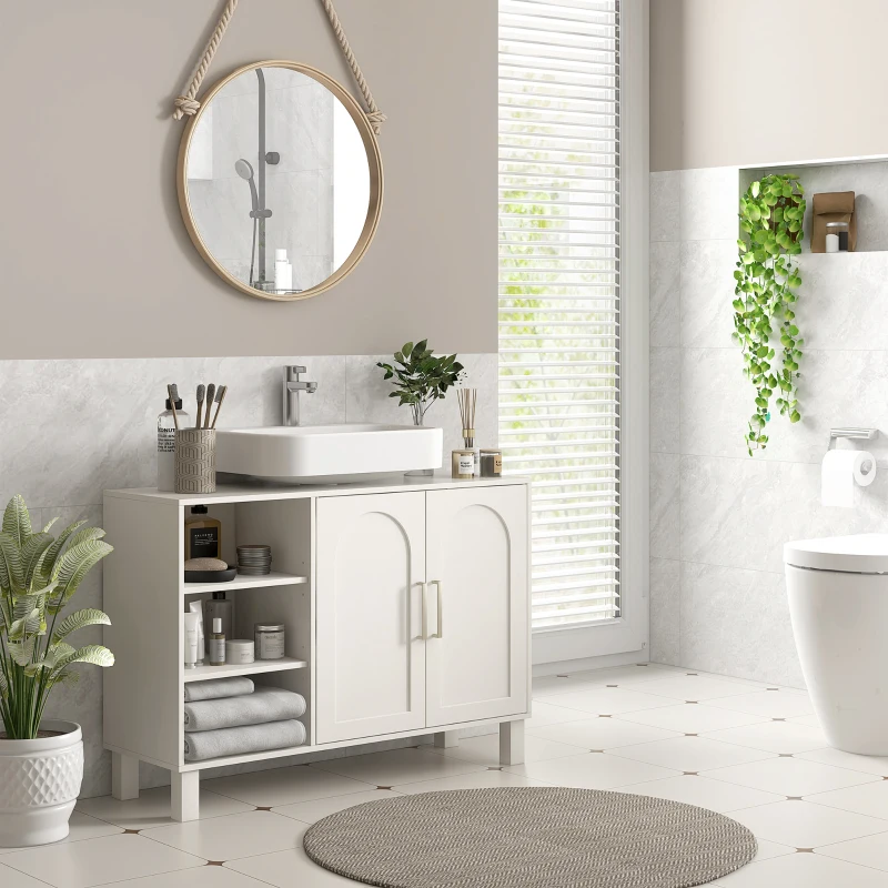 HOMCOM Mobile Sottolavabo Mobile da Bagno con Armadio a Due Livelli Ripiani Regolabili, 90 L x 30 P x 63 H cm, Crema