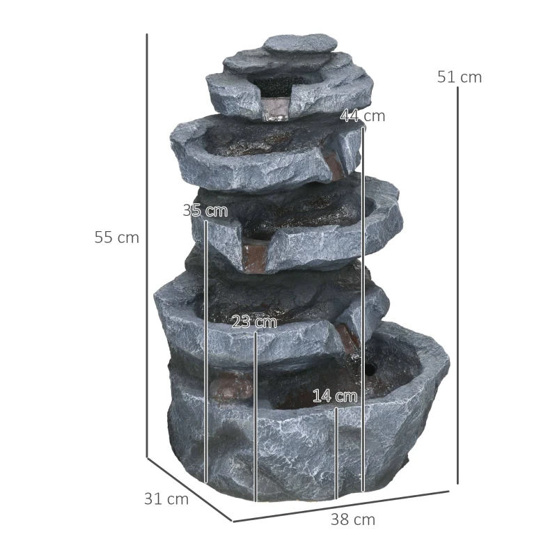 Outsunny Fuente de jardín a energía solar roca en cascada de 5 niveles en resina con luces LED y bomba Gris