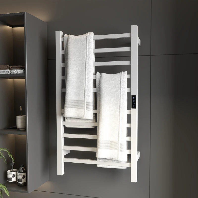 HOMCOM Sèche-Serviettes Électrique Smart à 10 Barres avec Minuterie et Écran LCD, en Acier Inoxydable, 45x11x80 cm, Blanc