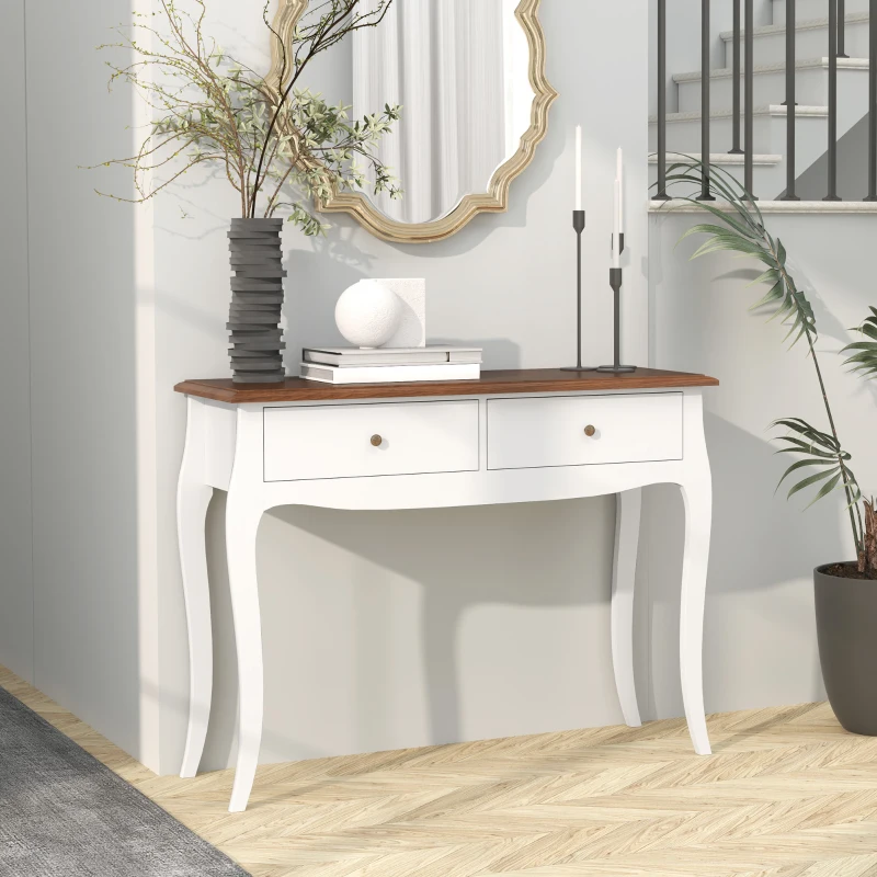 HOMCOM Moderner Konsolentisch mit 2 Schubladen aus Holz, 100x35x76,5 cm, Weiß und Dunkelbraun
