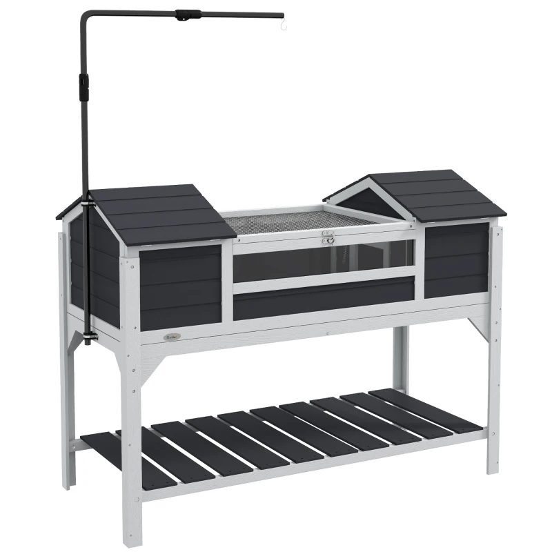 PawHut Casa para Tortugas Terrestres Exterior, Recinto para Tortugas 2 Escondites, Soporte de Lámpara Ajustable, Madera Maciza 122 x 56,5 x 93 cm Gris