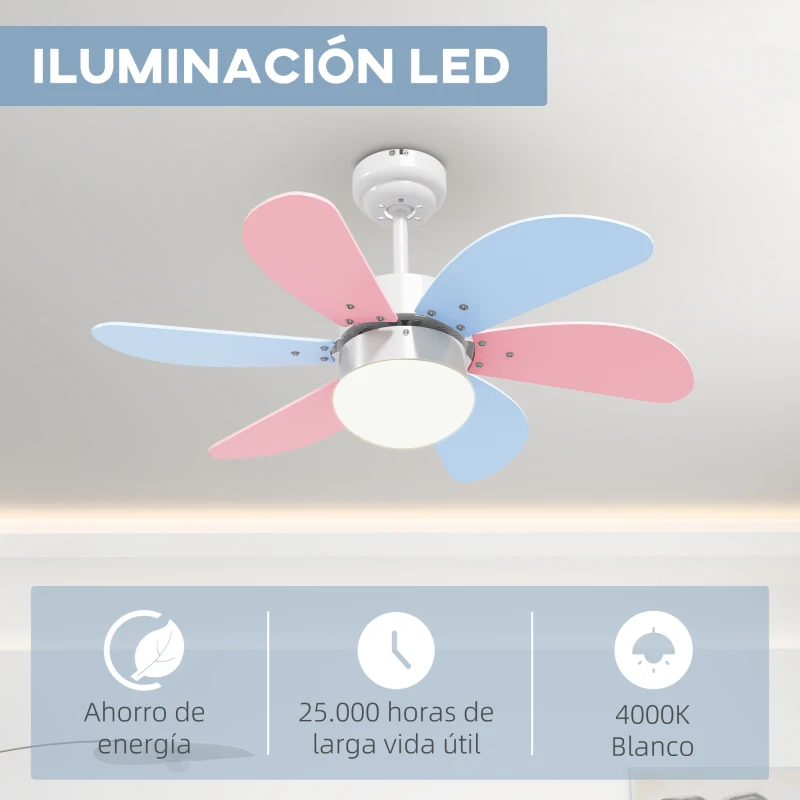 HOMCOM Ventilador de Techo con Luz 34W Ø82,5 cm Motor DC con 6 Aspas Reversibles Mando a Distancia y Temporizador Multicolor