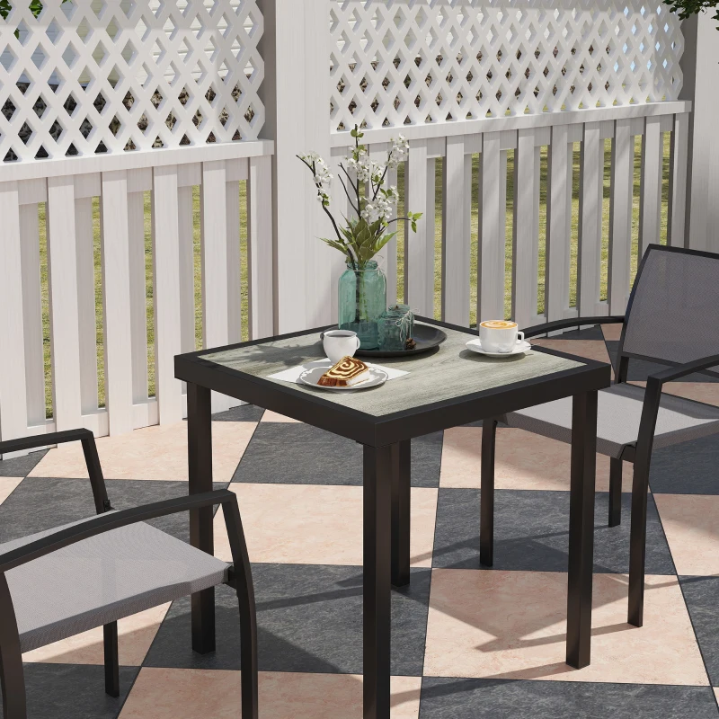 Outsunny Ensemble de 3 pièces pour repas en extérieur, table en imitation bois, 2 chaises, résistant aux intempéries, cadre en acier, mobilier de terrasse, Gris